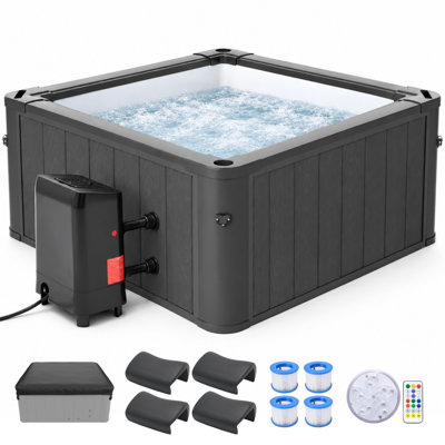 Spa extérieur en aluminium pour 4 à 6 personnes, avec système de vagues, pompe de chauffage, cartouches filtrantes et couvercle gonflable pour terrasse de jardin.