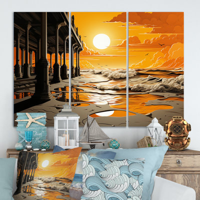 «Beach Pier Perspectives Papercut V», reproduction sur toile 3 pièces
