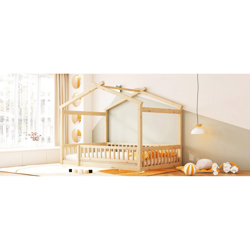 Full Size Wood Bed Frame Featuring Fence And Roof, Offer A Safe Fun Sleeping Playing Spot, 4 Colors, 7 Slats, Pine With Ideal For ' Play Rest, Semi - Enclosed Design, Color Selections, Slats