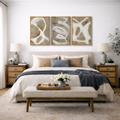 Pastel Tan Brown Green Neutral Modern Artwork  Abstract Picture Framed Canvas 3 Piece Print Wall Art