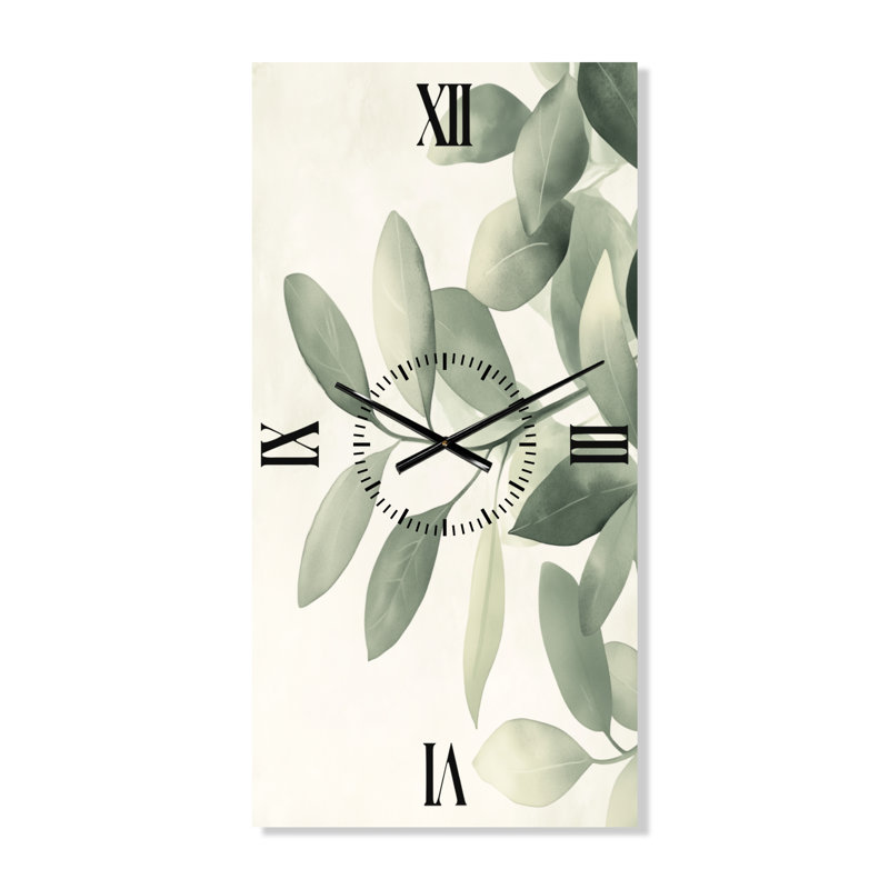 Feuilles de sauge douces I - Horloge murale silencieuse en métal de style scandinave, H 32 po x l 16 po - Rectangle