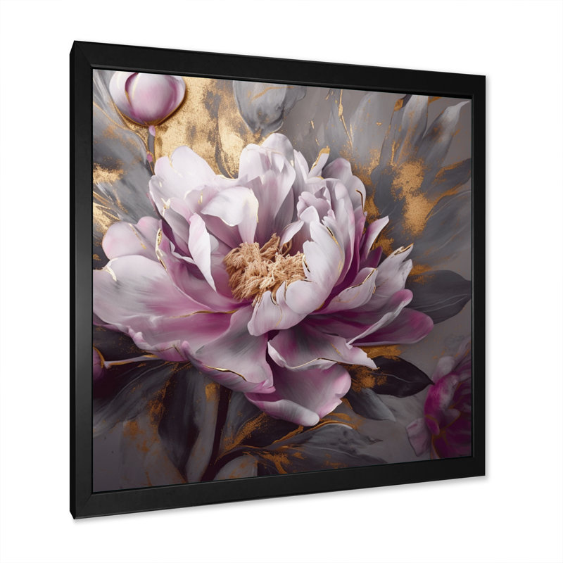 Pivoines roses et grises en fleurs - impression, H 30 po x l 30 po x P 1 po, Cadre photo noir