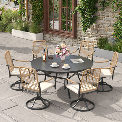 7-Pieces Patio Round Outdoor Dining Set With Swivel Rattan Armchair