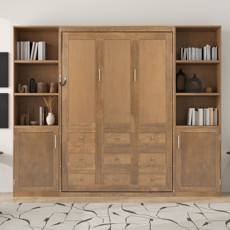 Grand lit escamotable avec tablettes et armoires de rangement, lit mural en bois peu encombrant