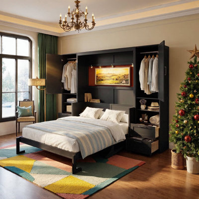 UnaRoz Queen Murphy Bed Wall Unit With Flip Mechanism, Integrated Closet, Drawers & Oak Veneer Shelves