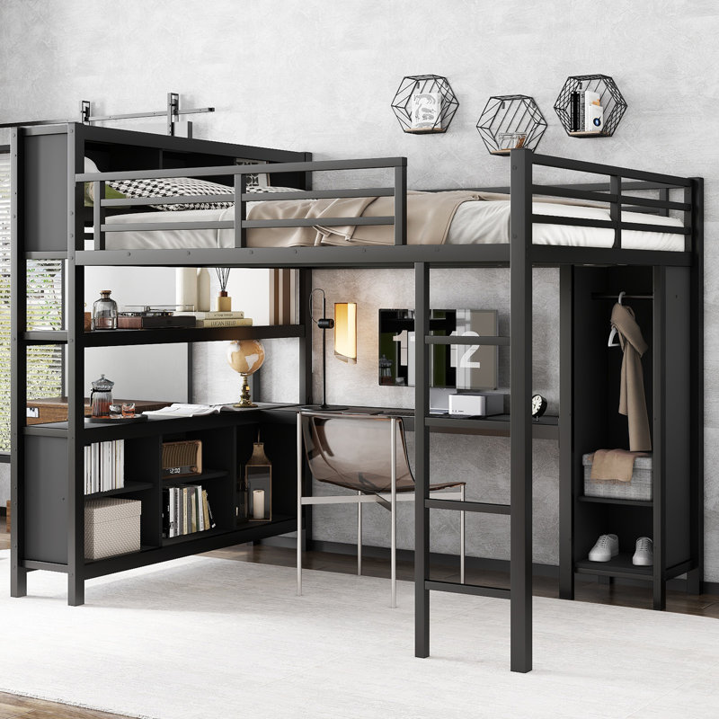 Grand lit mezzanine en métal avec bureau en forme de L, garde-robe, cubes et tablettes de rangement Roomfitter, cadre robuste, noir