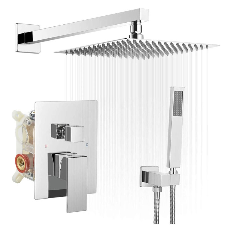 Robinet de douche en nickel avec système de douche à eau de pluie carré de luxe de 12 pouces, avec 2 fonctions complètes, pluie à pression équilibrée murale