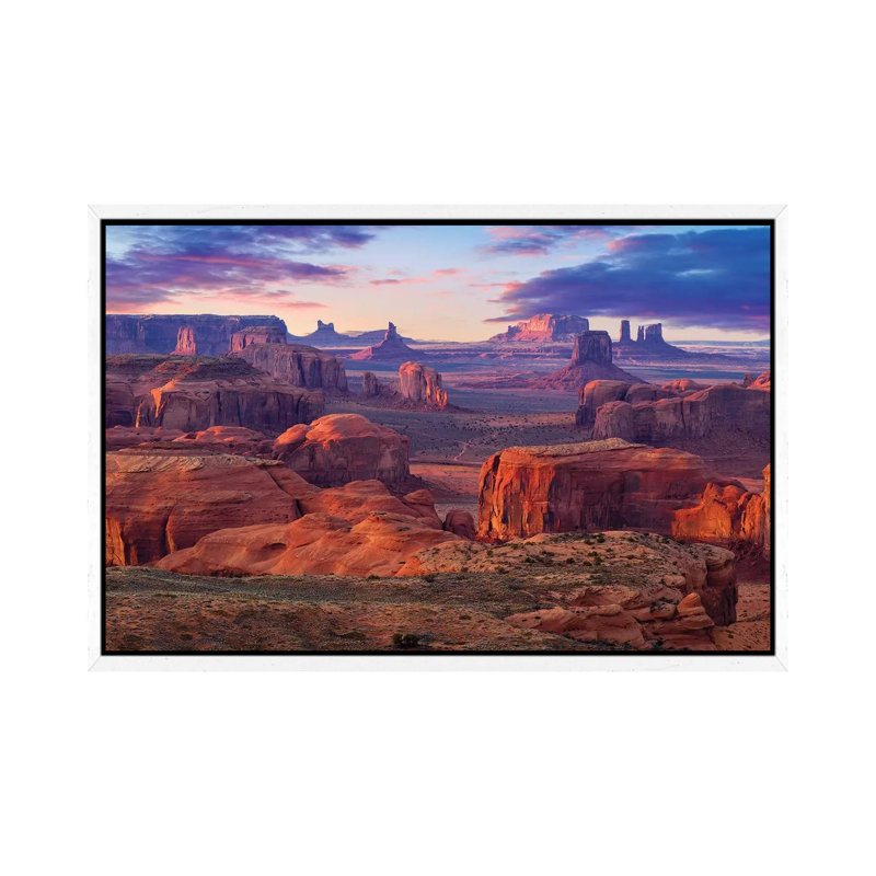 Hunts Mesa Monument Valley Sunset by Susanne Kremer - Print on Canvas, White Floater Framed, 66.04cm H x 101.6cm W x 3.81cm D