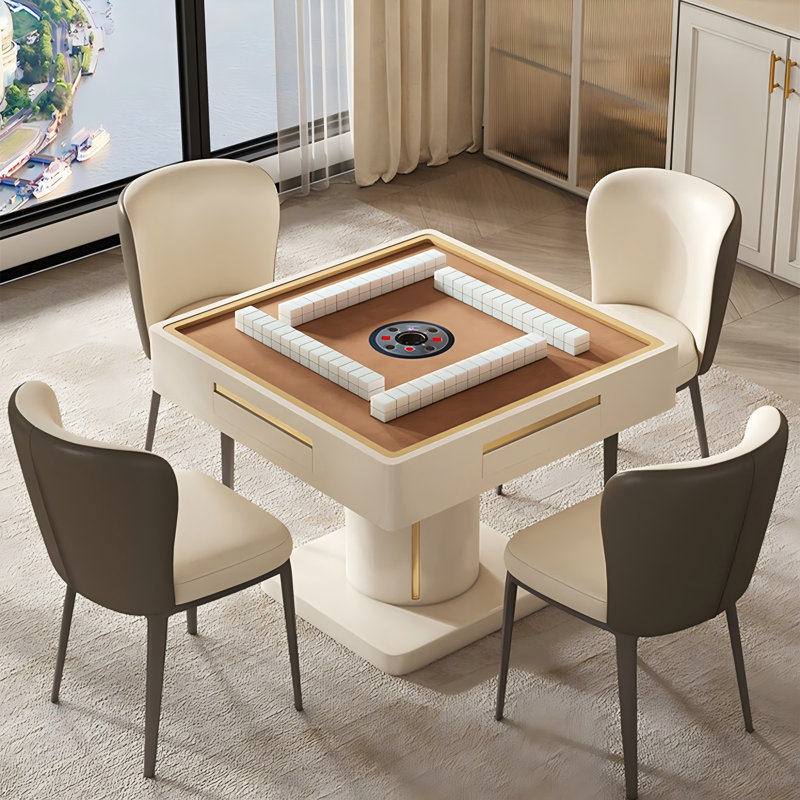 Table de salle à manger en bois massif de style crème entièrement automatique brun Mahjong