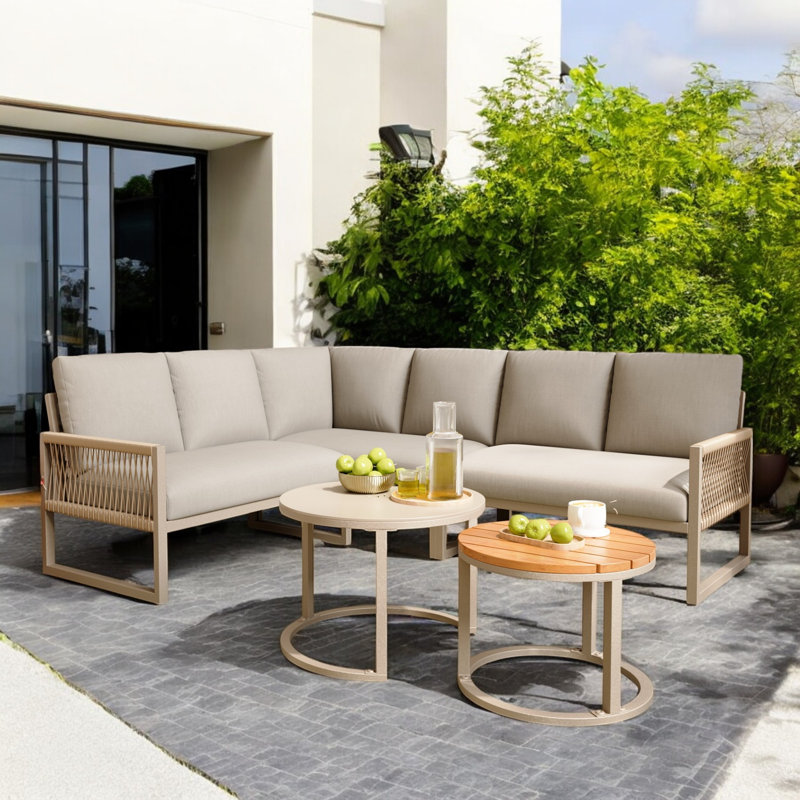 Outdoor Conversation Sets For 6-7 People With Galvanized Iron Frame Corner Sofa, Beige