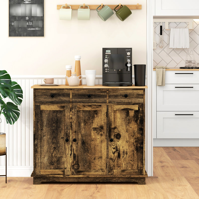 Buffet rustique brun avec 3 tiroirs et tablettes de rangement réglables - tablettes modernes