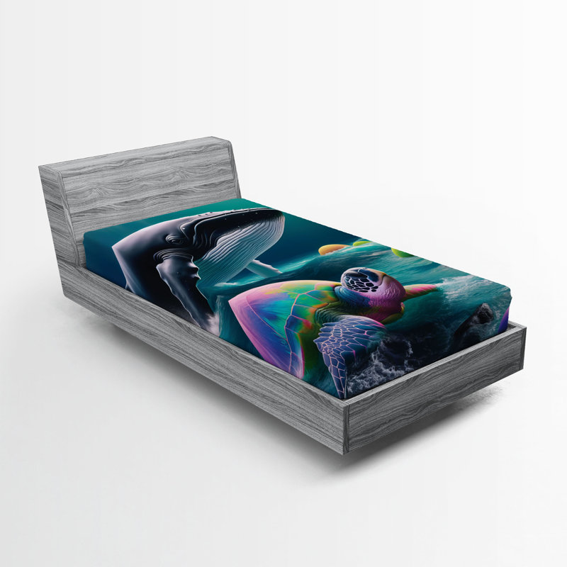 Drap-housse nautique Ambesonne_ Tortue trippy avec une baleine_ Bleu sarcelle multicolore, Drap-housse de taille simple