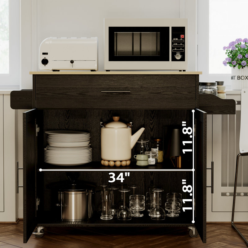 Îlot de cuisine Red Barrel Studio® avec rangement, îlot de cuisine sur roulettes avec abattant, armoire de rangement, tiroir, porte-épices, porte-serviettes, chariot de cuisine pour la cuisine, noir