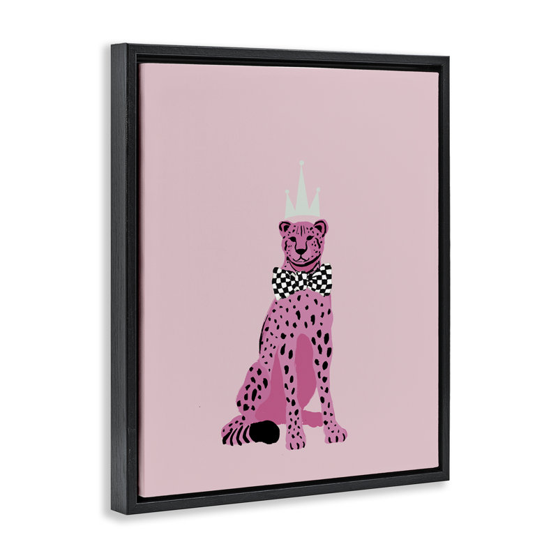 «Pink Cheetah King», art mural encadré par Elizabeth Medley, Cadre flottant noir de jais, H 31 po x l 25 po