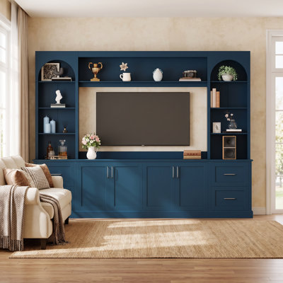 Meuble télé avec tiroirs, meuble télé de style campagne avec trous de câble pour téléviseur de 65 po ou moins, console de télévision tout-en-un multifonctionnelle avec tablettes réglables pour le salon, bleu