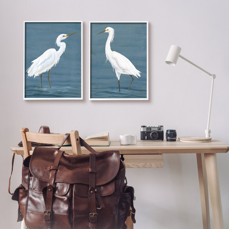 Aigrettes blanches sur le rivage 2 pièces, H 20 po x l 32 po x P 1,5 po, Estampe numérique encadrée blanc bord de mer