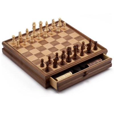 Ensemble de jeu de société d'échecs et de dames en bois 2 en 1 avec tiroir GSE 15 pouces pour enfants et adultes