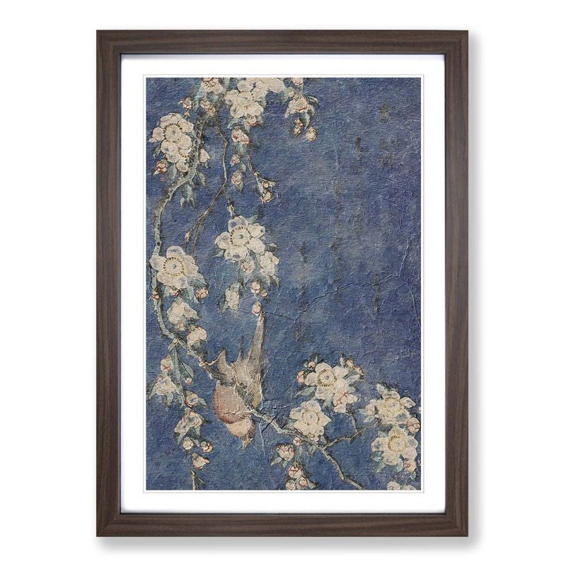 Bullfinch and Weeping Cherry Blossoms by Katsushika Hokusai - Picture Frame Painting Print on MDF, Walnut Framed