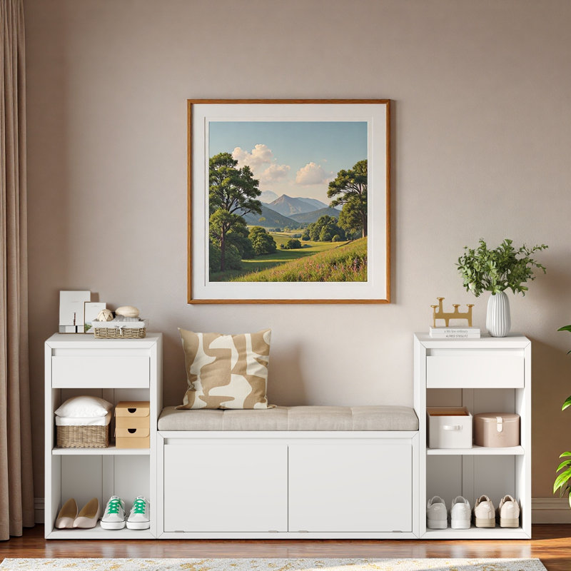 Banc de rangement avec coussin, compartiments, tiroirs et tablettes ouvertes, Blanc