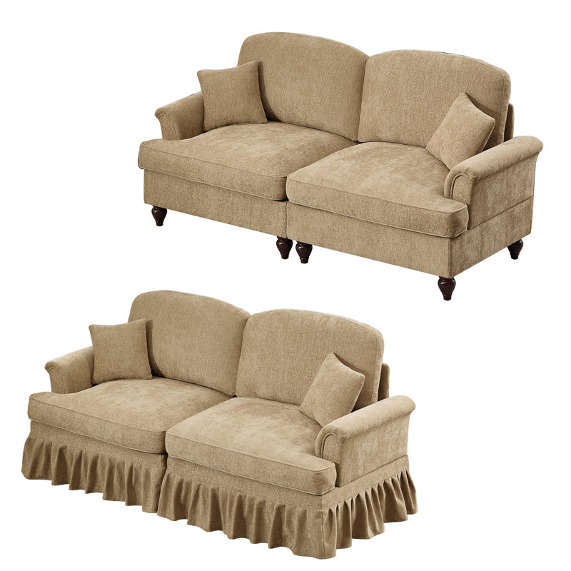Canapé à causeuse en chenille à deux places avec jupe à volants amovibles et pieds fuselés - Canapé Mid-Century confortable pour le salon