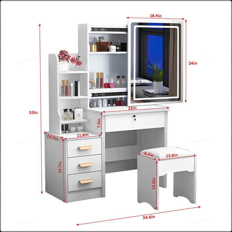 Ensemble de coiffeuse chic avec lumières réglables et beaucoup de rangement