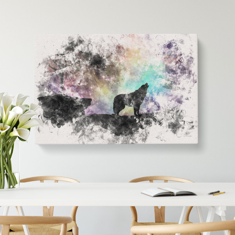 Howling Wolf with a Galaxy Forest Watercolour - Wrapped Canvas Graphic Art Print, 35cm H x 50cm W x 3cm D