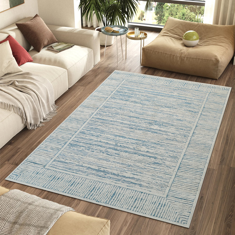 Tapis tissé à la machine Isborne , Bleu / Ivoire, Rectangle de 10 pi x 14 pi