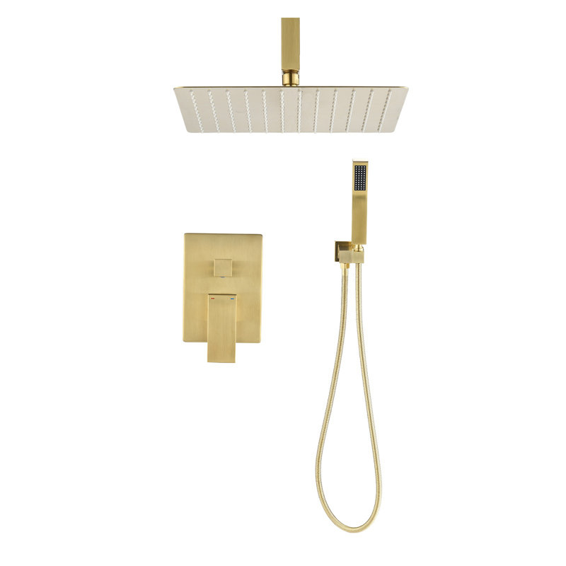 Brushed Gold Ceiling Mounted Shower System with 10" Rainfall Shower Head and Handheld Sprayer - Brass Bathroom Fixture