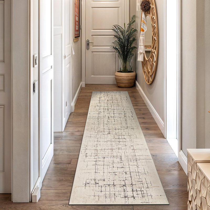 Modern Abstract Linear Ivory Mist Cream Indoor High-Low Area Rug, Runner 2'3" x 12'