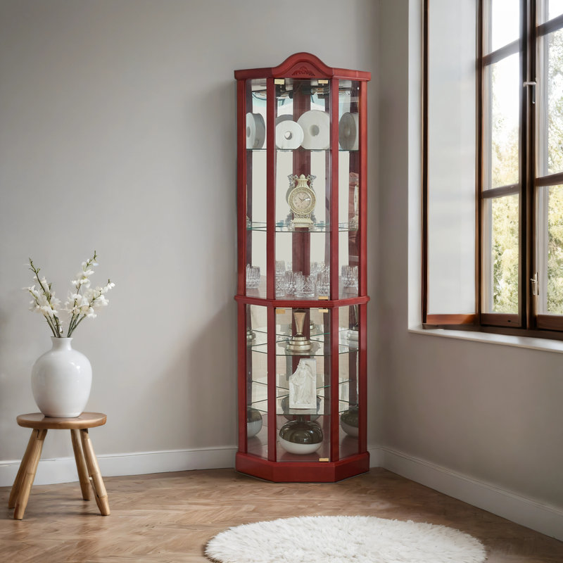 Glass Cabinet Lighted Corner Cabinet, Cherry, Yes