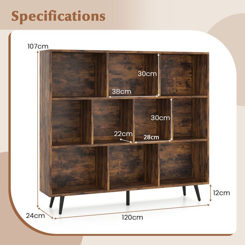 107cm H Metal Standard Bookcase, Brown, (10 Shelves) 107cm H x 120cm W x 24cm D