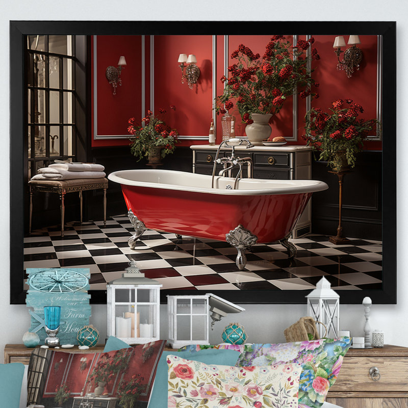 «Red Modern Bathroom Charm IV - Laundry», reproduction d'art sur toile, Cadre simple noir, H 30 po x l 40 po x P 1,5 po