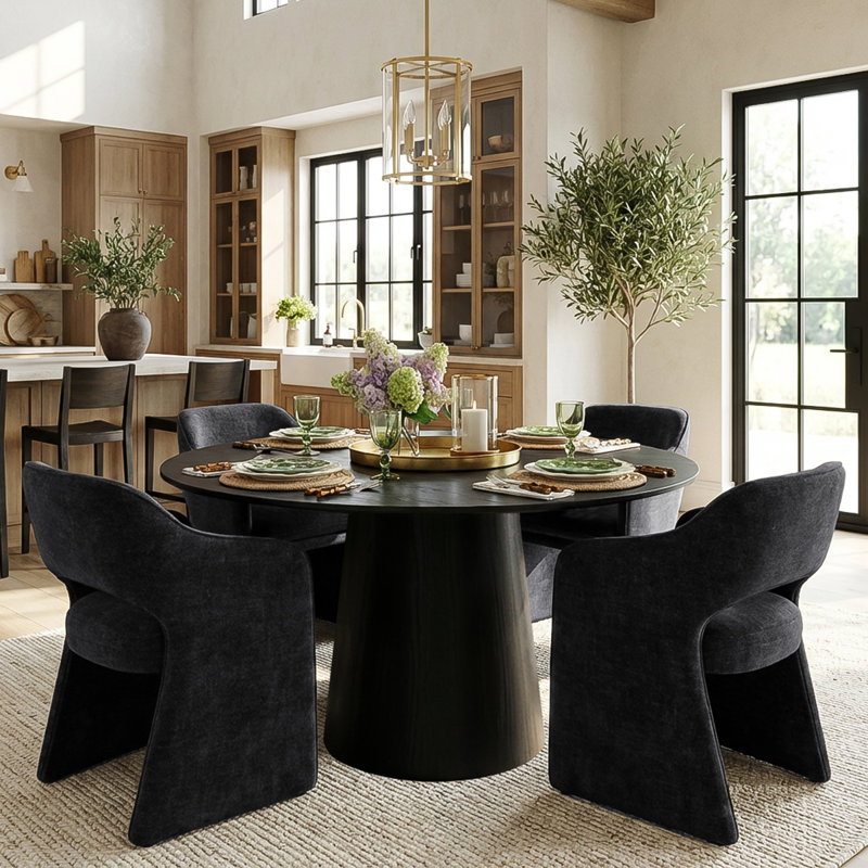 Ensemble de table de salle à manger pour 4 personnes avec table ronde et 4 chaises rembourrées, Noir, Noir