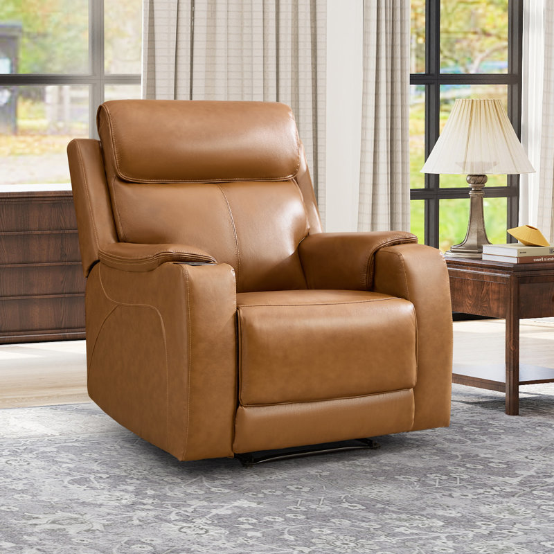 35.83" W Classic Top Genuine Leather Power Recliner Chair With Adjustable Headrest, USB Charging & Wireless Charging