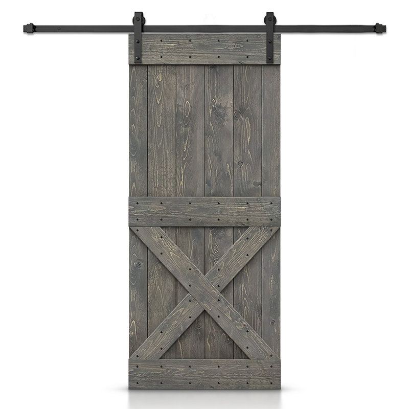 Porte de grange à panneaux et en bois avec quincaillerie d'installation, 48 po x 84 po, Gris patiné, Noir mat