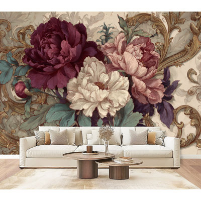 Papier peint adhésif de style baroque avec motifs floraux luxueux et pivoines bourgogne murales à volutes baroques 69 po x l 96 po, papier peint amovible en PVC auto-adhésif pour chambre à coucher, bureau à domicile