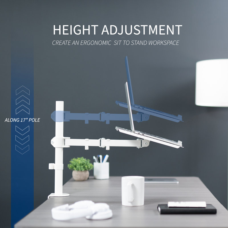 White Adjustable Laptop Desk Mount with C-Clamp and Grommet