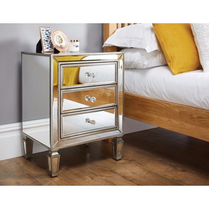 Quinton Mirror and Glass Bedside Table 3 Drawers Modern Design