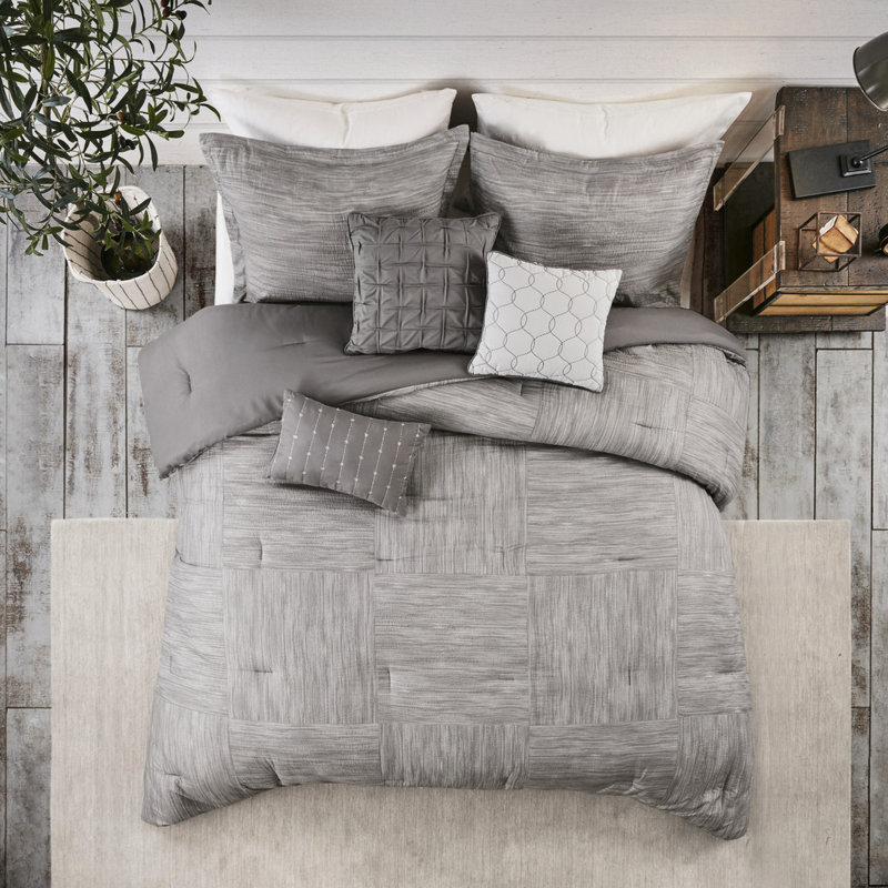 Édredon gris à motif de seersucker gris - 7 pièces avec tissu lavable à la machine, Gris