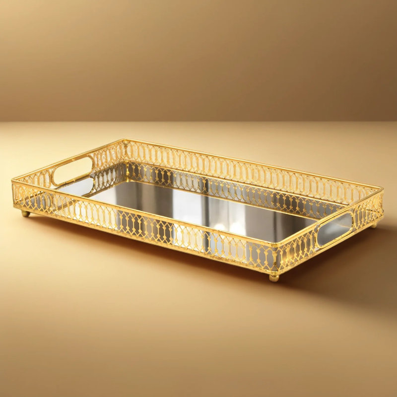 Gold Mirrored Bar Cart Tray With Handles - Large Capacity Decorative Organizer For Liquor Display And Home Decor