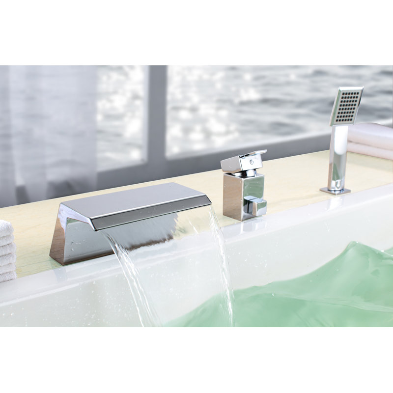 Sumerain Deck Mount Roman Tub Faucet, 3 Hole Waterfall Bathtub Faucet with Single Handle,  Solid Brass Construction & SUS304 Spout, Chrome