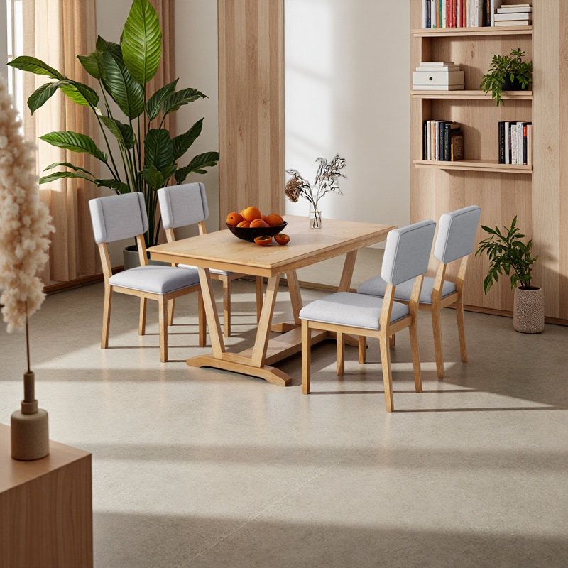 Rustic 5-Piece Dining Table Set With 4 Upholstered Chairs, 59-Inch Rectangular Dining Table With Trestle Table Base, Naural