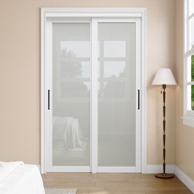 48"x 80" White 1-Lite Frosted Glass Sliding Door with Hardware Kit And King Size Handles and No Assembly Required For Closet,Pantry,Living room