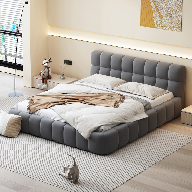 Lit plateforme tapissier avec tissu épais, Gris