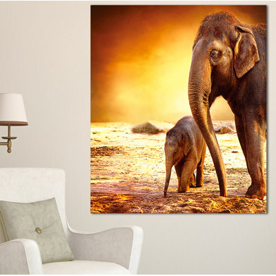 Elephant Mother And Baby Outdoors - Wrapped Canvas Photograph