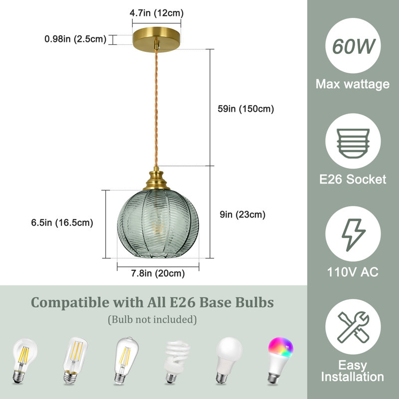  1-Light Pendant Light with Globe Leaf Ribbed Glass Shade for Kitchen Island, Green