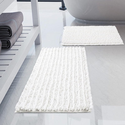 Chenille White Bathroom Rugs Set 2 Piece, Thickened Hot Melt Rubber Bottom Bath Mats, Non-Slip, Quick Dry, Machine Washable Shower Mats