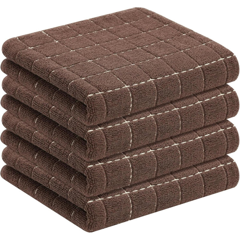 Linges à vaisselle 100% coton éponge à carreaux, doux et super absorbants, paquet de 4, Brun