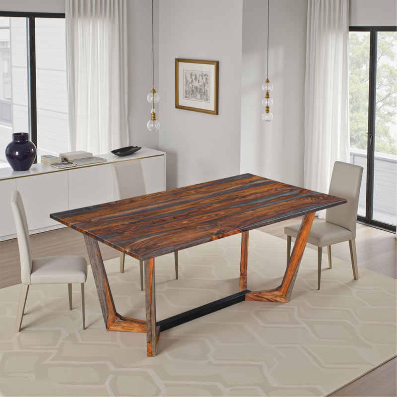 Myra  Dining Table, 67" Rectangular Top In Walnut Brown Sheesham Wood, Black Metal Base