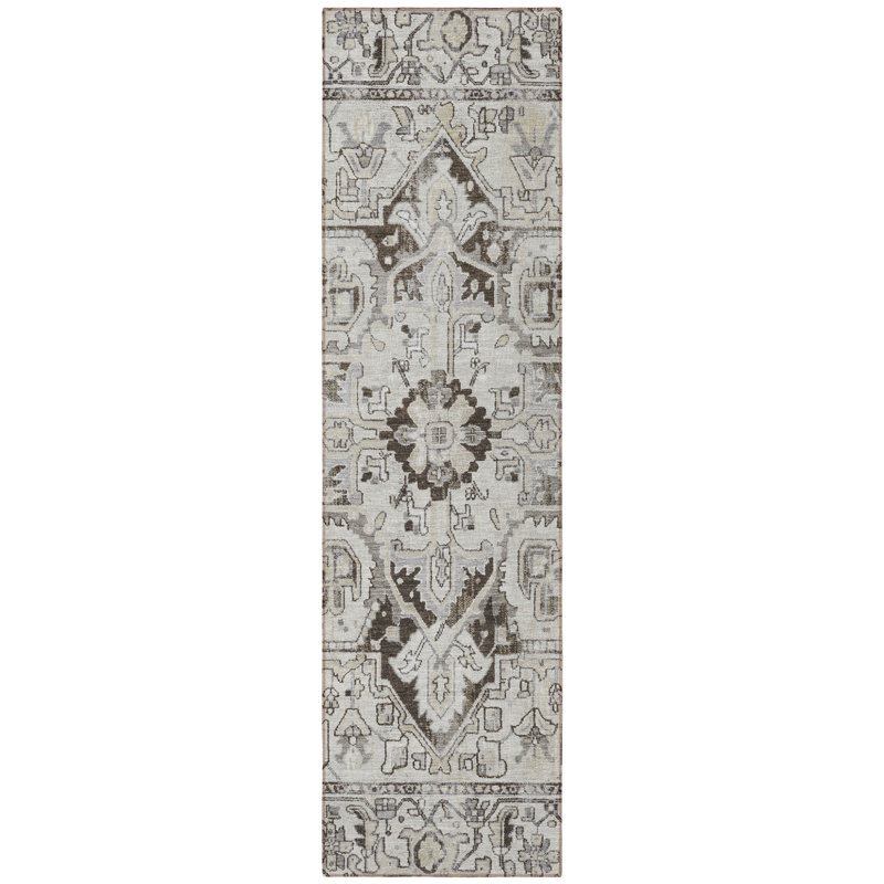 8' Runner Ivory and Dark Brown Oriental Washable Non Skid Indoor Outdoor Runner Rug